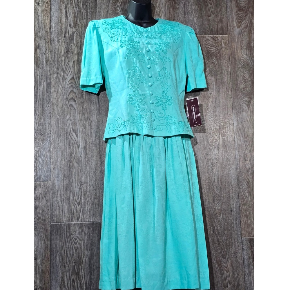 NWT Karin Stevens Vintage Skirt Suit Dress Aqua Turquoise‎ Size 8 Embroidered